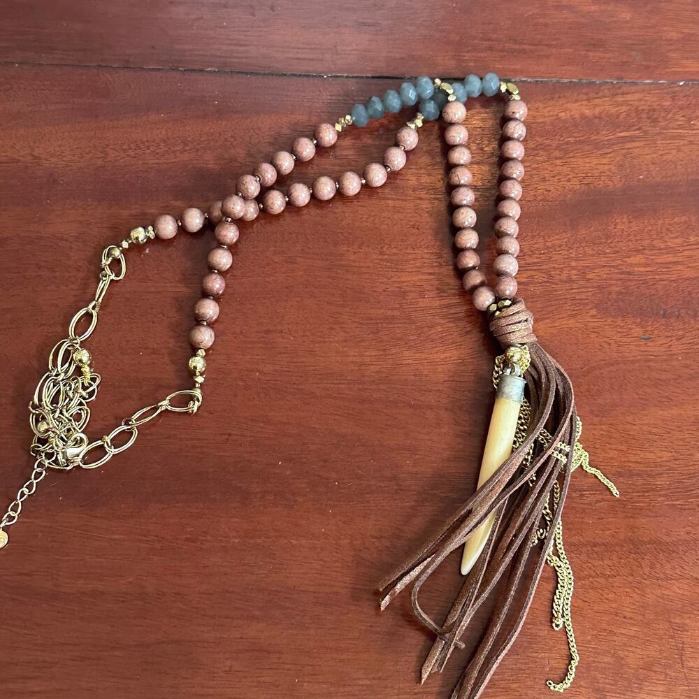 Nakamol Necklace Brown Beaded Tassel  Cream Horn Western Costume Jewelry